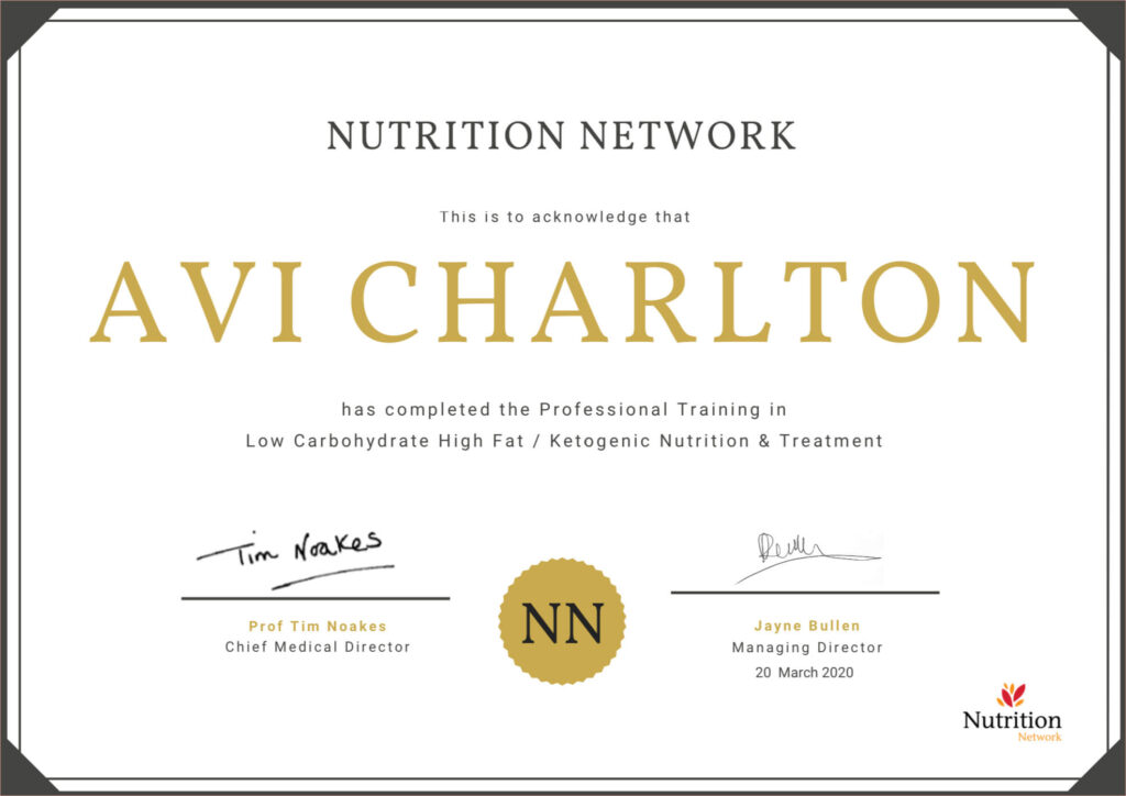 Nutrition Network certificate for Dr. Avi Charlton.