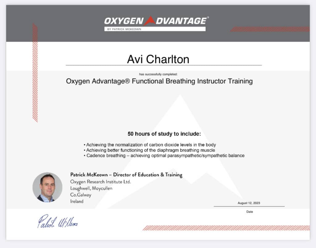 Oxygen Advantage Functional breathing instructor training certificate for Dr. Avi Charlton.