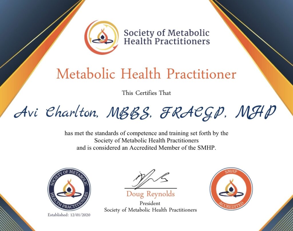Metabolic Health Practitioner certificate for Dr. Avi Charlton.