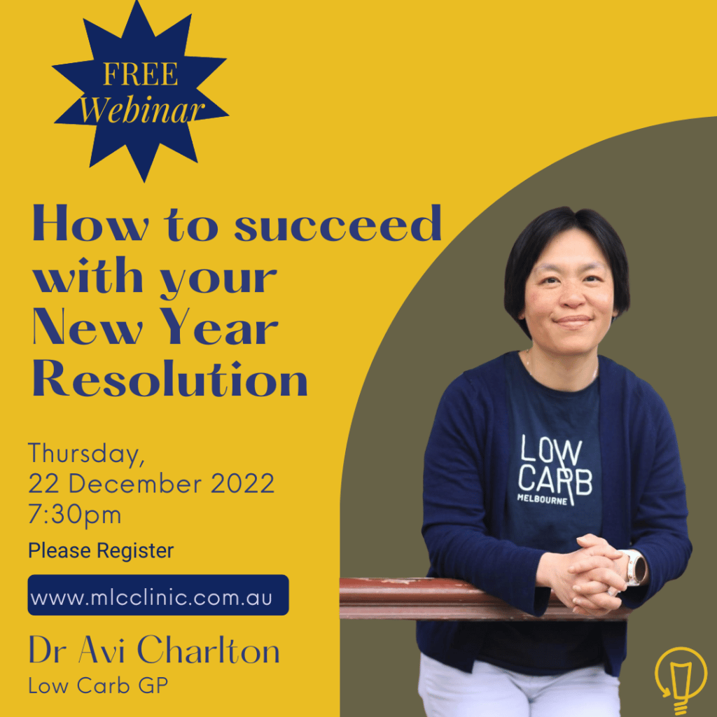 Poster for free webinar about how to succeed with your new years resolution by MLC Clinic on the 22nd of December 2022.