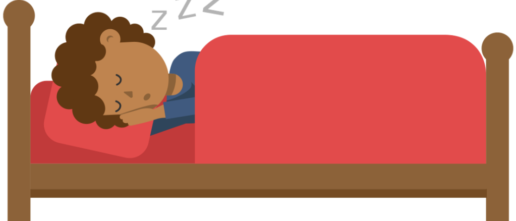 Animated character sleeping on a red bed.