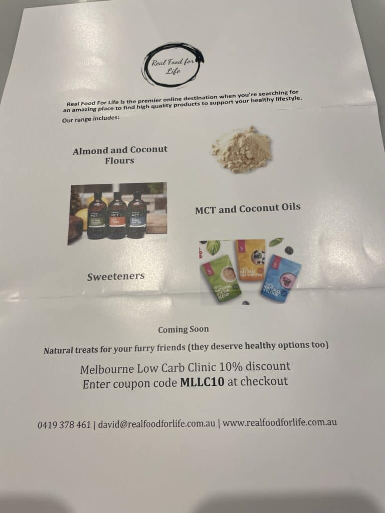 Real Food For Life products including Almond and coconut flours - MCT and Coconut Oils - Sweeteners. There will be natural treats for pets coming soon. You can get a 10% discount on these products using the code MLLC10 at checkout.
