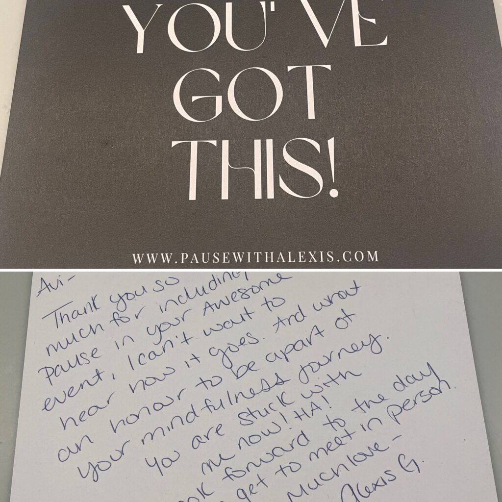 Note for Dr. Avi Charlton from Alexis G thanking her for including the Pause program in her event.