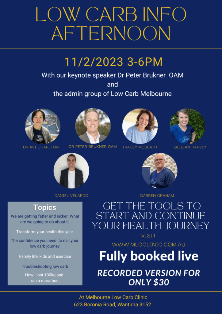 Poster for MLC Clinics Low Carb Info Afternoon on the 11th of February 2023 at 3-6PM. Fully booked live and only $30 for a pre recorded copy. You can sign up on the MLC Clinic website.
