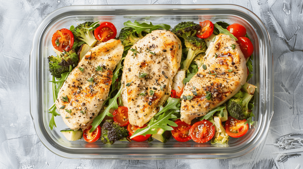 Healthy chicken lunch packed into a glass container.