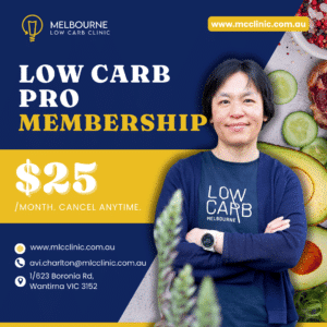 Low Carb Pro Membership poster. The price is $25 a month and you are able to cancel at anytime.