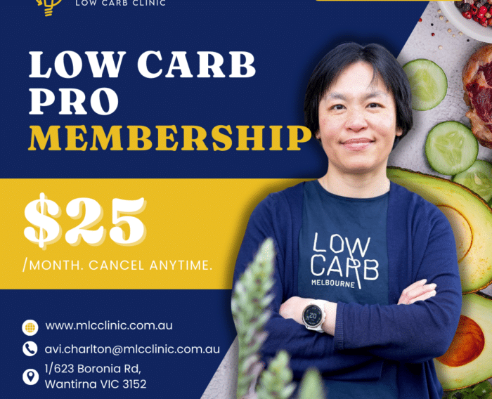 Low Carb Pro Membership poster. The price is $25 a month and you are able to cancel at anytime.