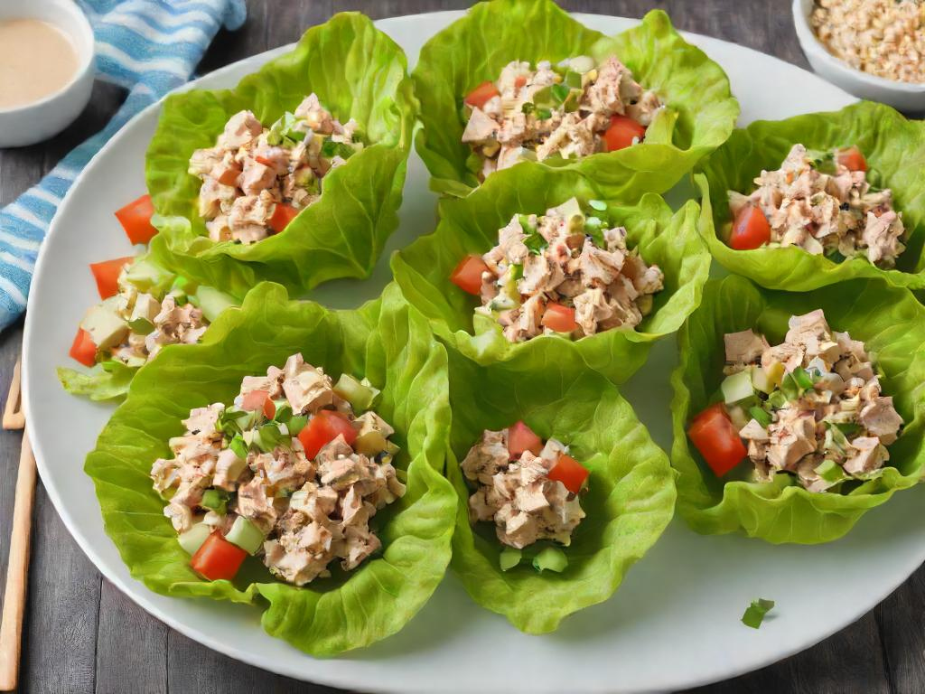 Tuna salad lettuce wraps on plate as part of low cost keto meals.