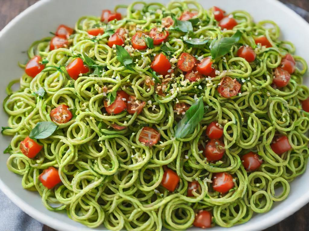 Zucchini noodles mixed with pesto cooked as one of the best inexpensive keto meals.