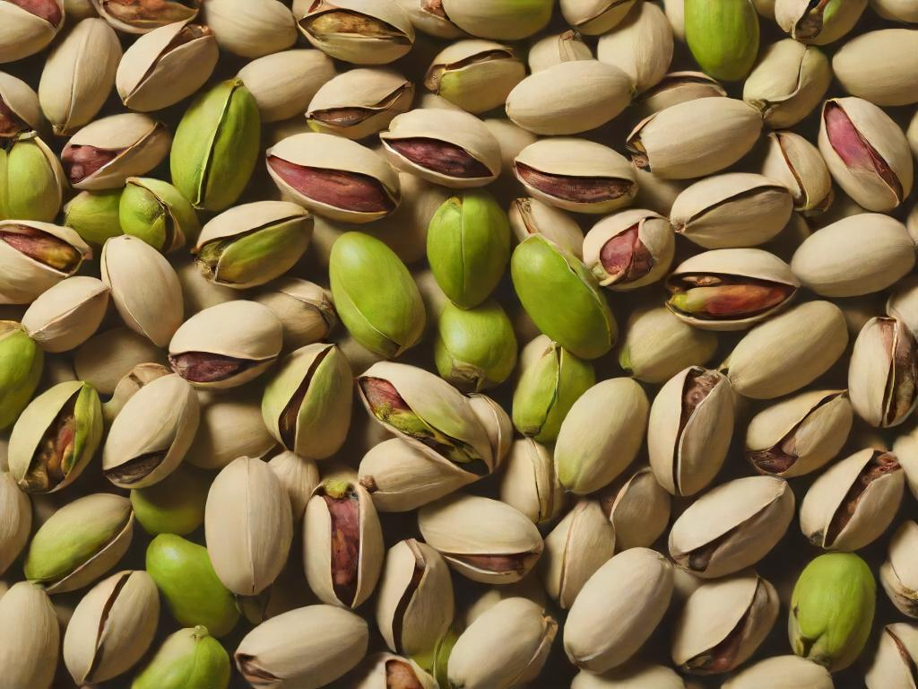 A bunch of pistachios still in their shells.