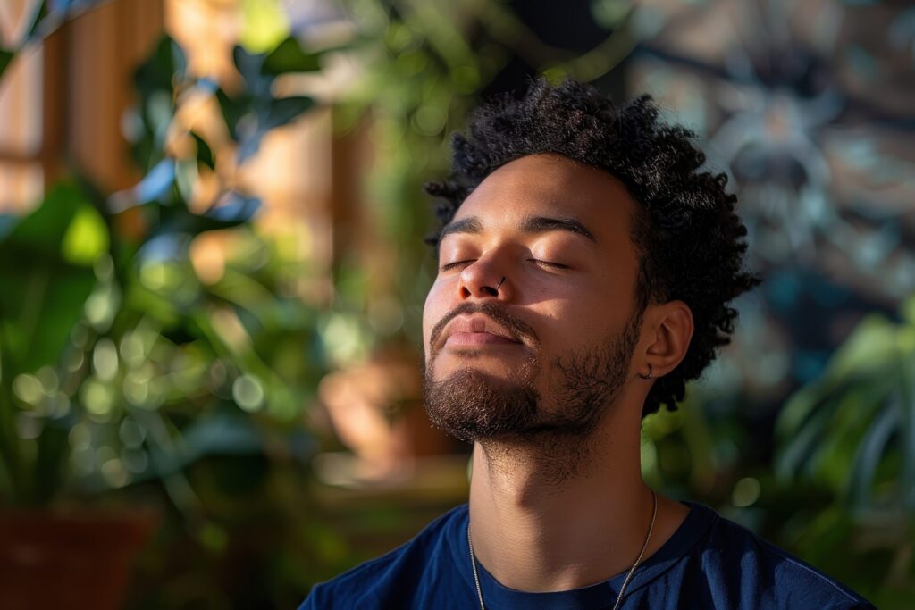 Man doing breathwork exercises next to plants.